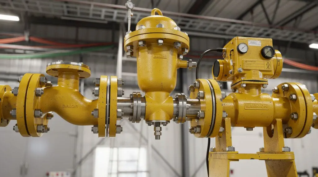 Inline Y-strainer and air eliminator installed on an industrial flow limit batching system for high accuracy.