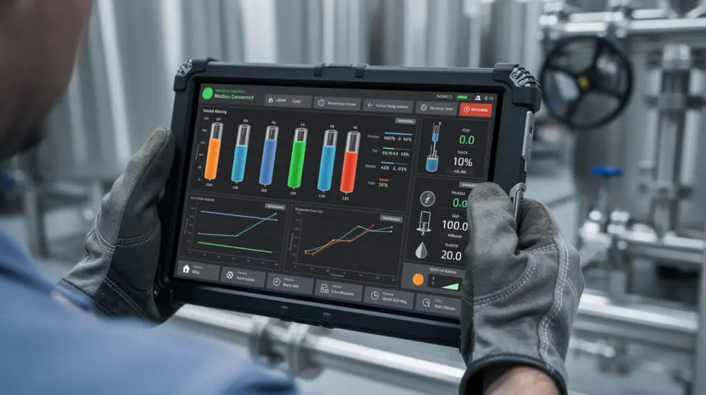 SCADA dashboard showing real-time liquid batching data and ERP integration