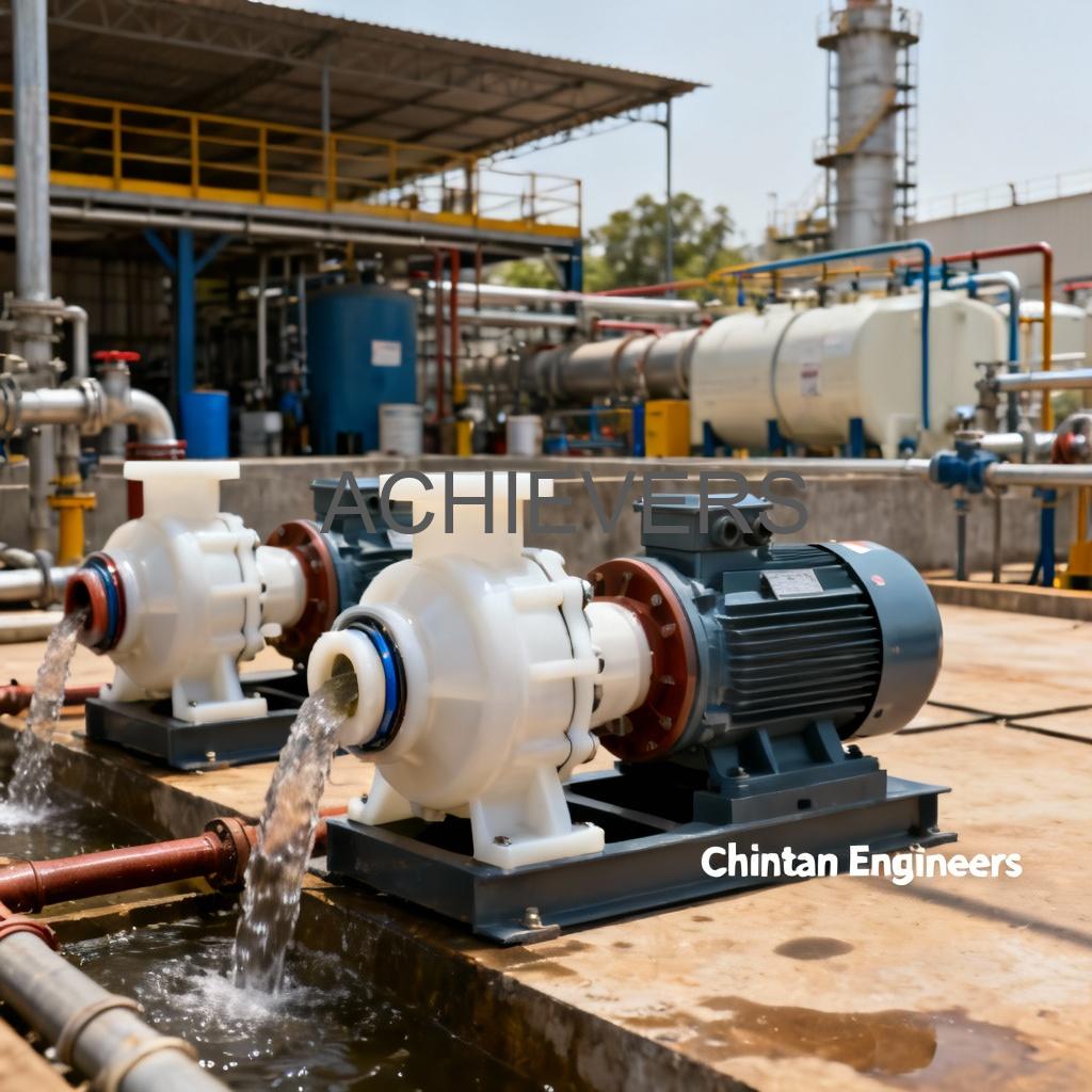 Industrial PP Pump installation at a chemical effluent treatment plant showing piping and isolation valves