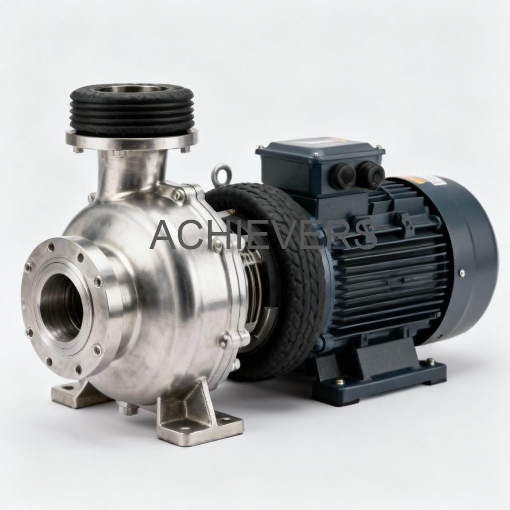 Close-up of SS Pumps showing the stainless steel casing and flange connections in a clean industrial facility