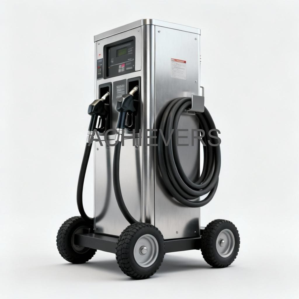 Close-up of Mobile Fuel Dispenser unit showing the flow meter dial, pump housing, and nozzle assembly ready for operation
