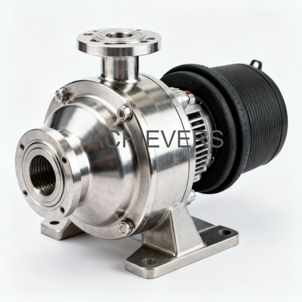 Close-up of SS Pumps installed in a chemical processing skid highlighting the stainless steel casing and flange connections