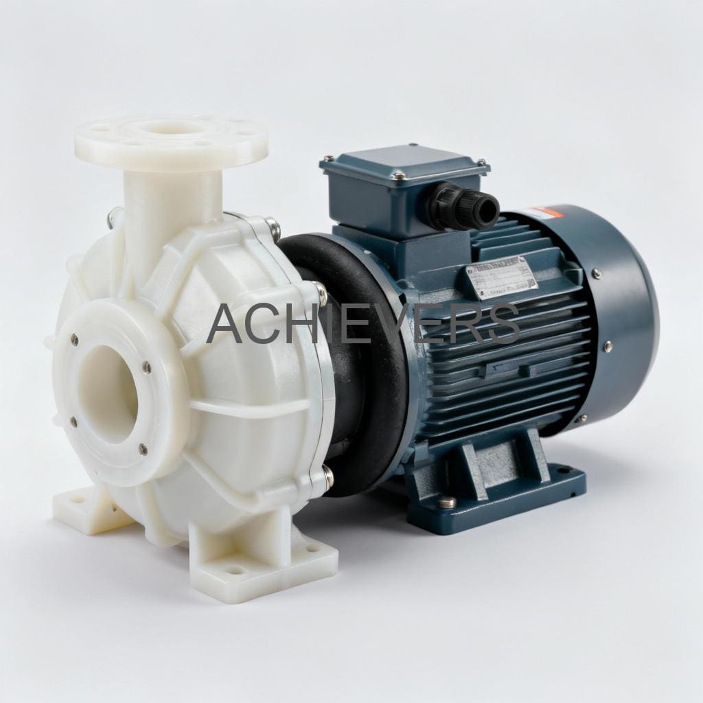 Close-up of PP Pumps showing the moulded polypropylene casing and flange connections designed for corrosive chemical transfer