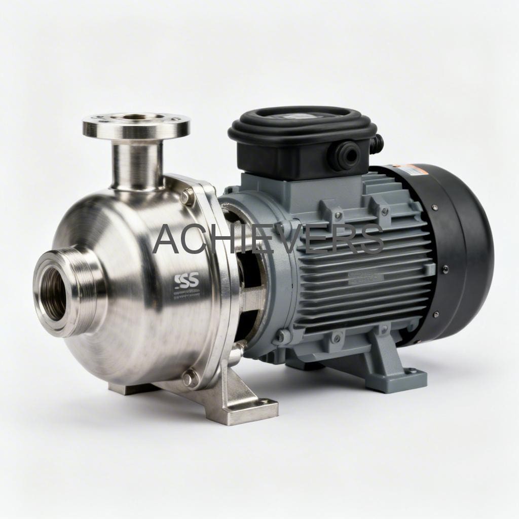 Close-up of SS Pumps showing the stainless steel volute casing and discharge flange in an industrial setting