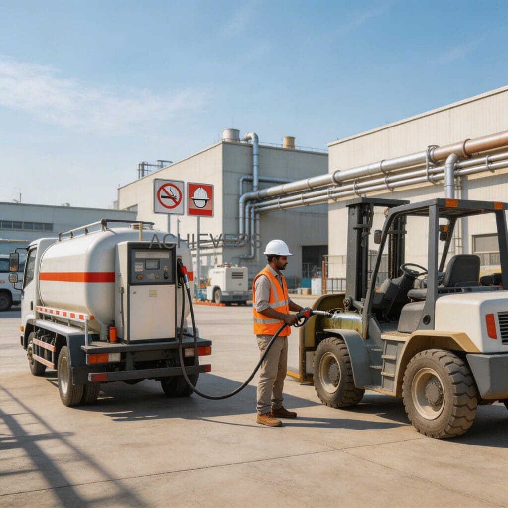 A fully integrated Mobile Fuel Dispenser skid installed securely on the flatbed of a site service truck, actively refueling heavy earth-moving machinery under harsh, dusty Indian mining conditions