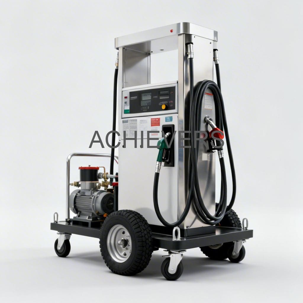 Close-up of Mobile Fuel Dispenser installed on a diesel dispensing skid showing flow meter and nozzle assembly