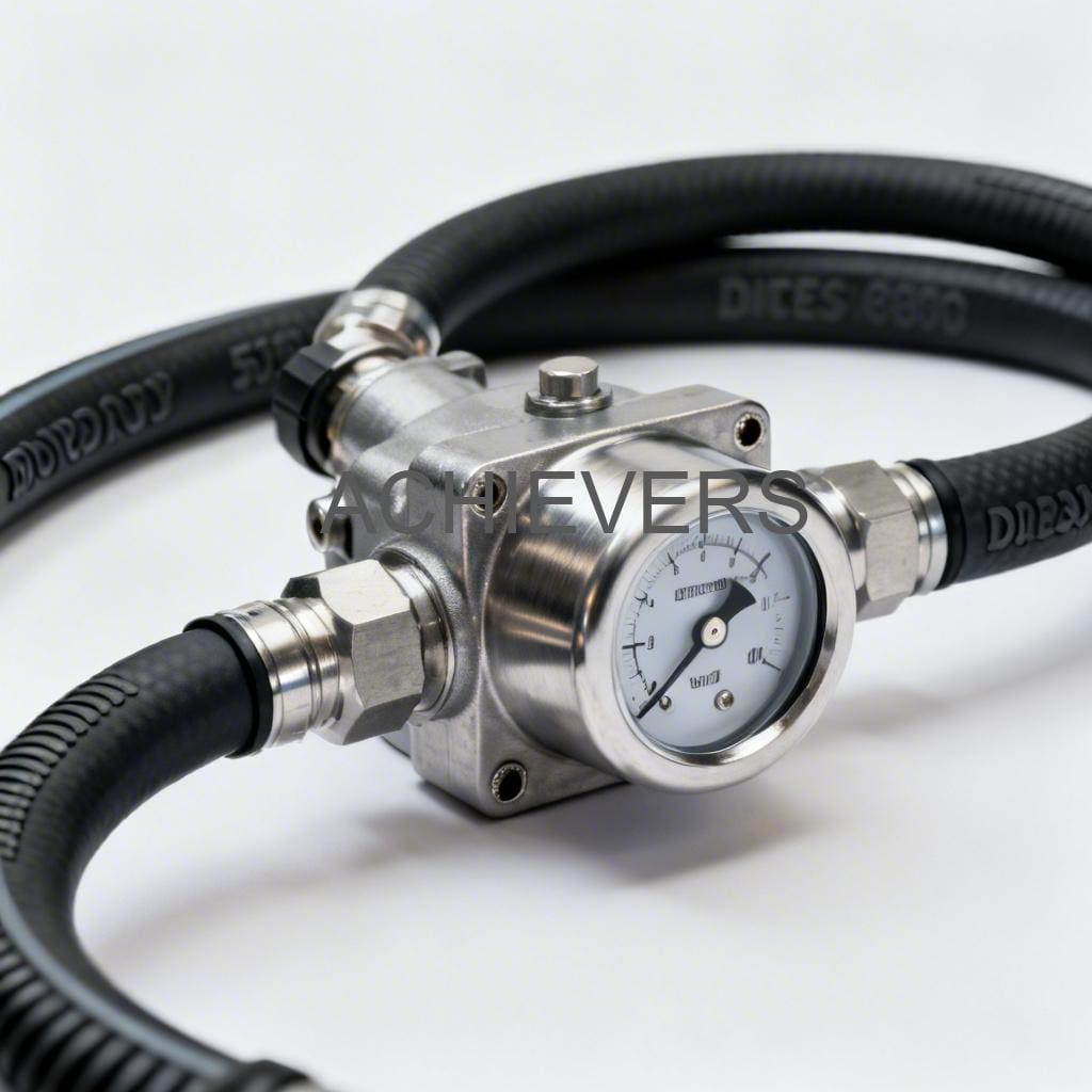 Close-up of a Diesel Flow Meter with mechanical register and integrated strainer installed on an industrial bulk transfer line