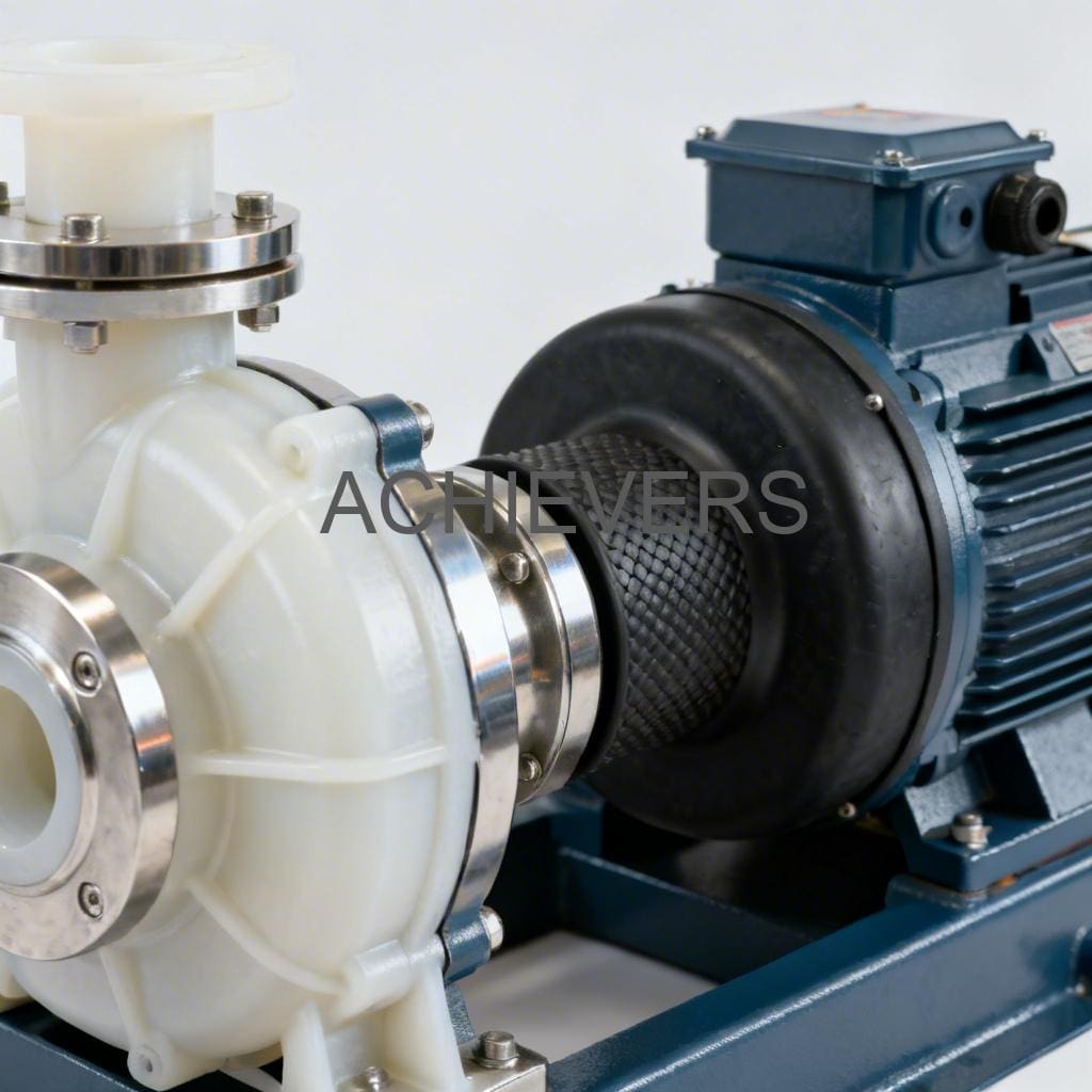 Close-up of PP Pumps installed on an industrial chemical transfer skid showing the solid polypropylene casing and mechanical seal assembly