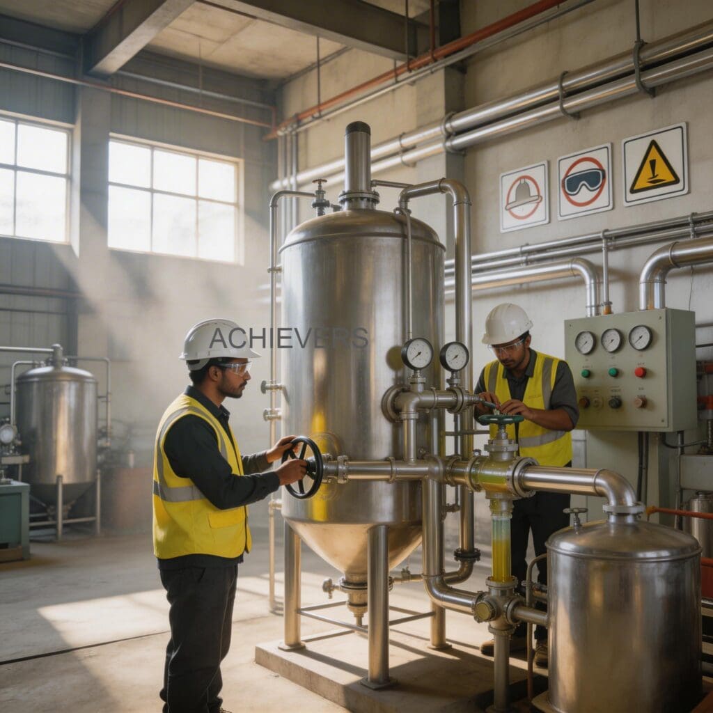 Industrial liquid batching system in use at a representative Indian lubricant blending plant showing drum filling operations and PLC control panels
