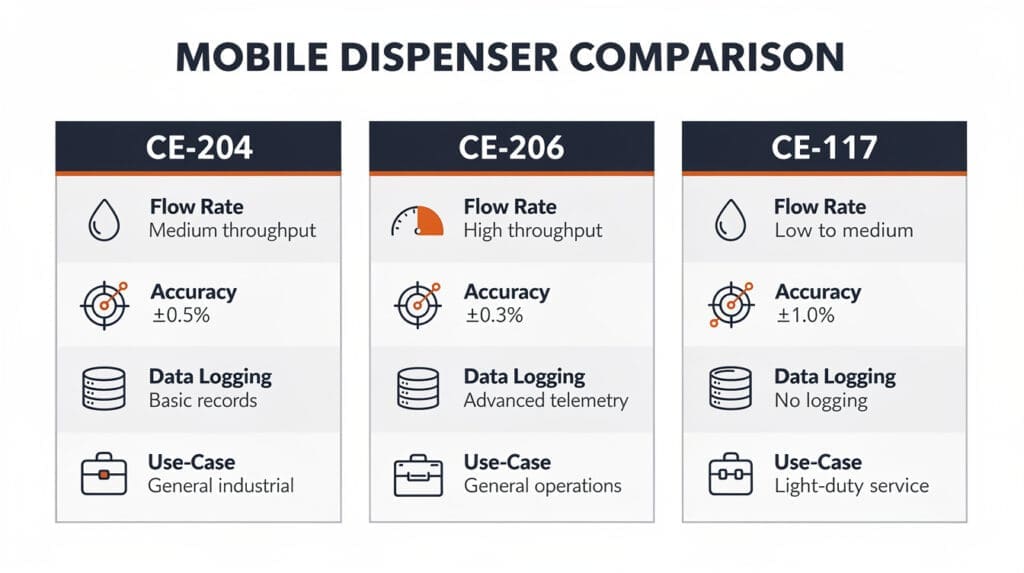 Comparison infographic of CE-204, CE-206, and CE-117 mobile fuel dispensers showing flow rates and accuracy.