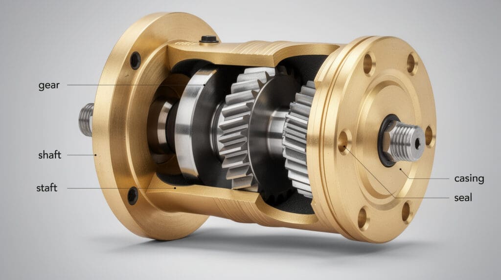Cross section of a brass positive displacement flow meter chamber for mobile diesel dispensing