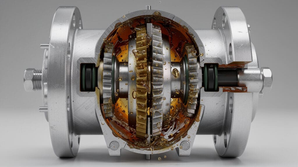 Cross-section of positive displacement oval gear fuel flow meter mechanism