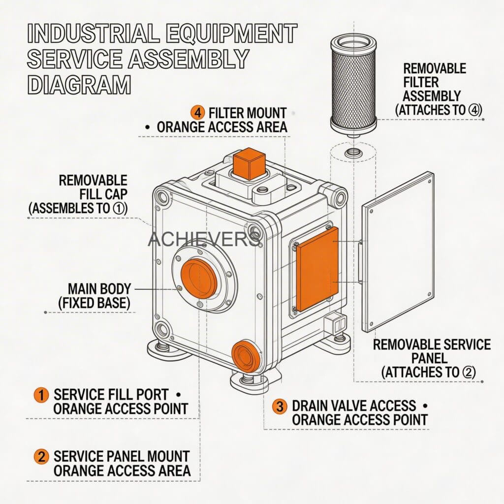 Maintenance diagram and exploded view of a positive displacement diesel flow meter showing service access points, strainer extraction routes, and replaceable sealing components