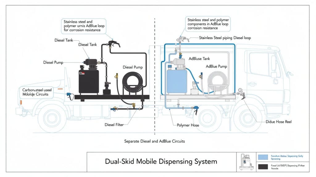 Dual-skid mobile configuration schematic showing separate diesel and AdBlue dispensing loops.