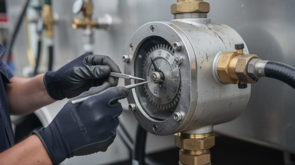 Engineer calibrating a mobile fuel dispenser positive displacement meter