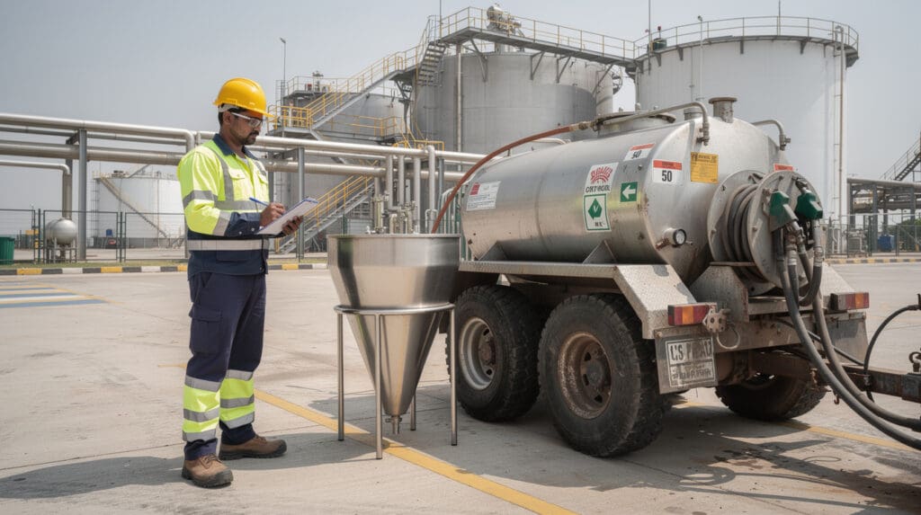 Engineer performing volumetric proving and calibration on a mobile fuel dispenser