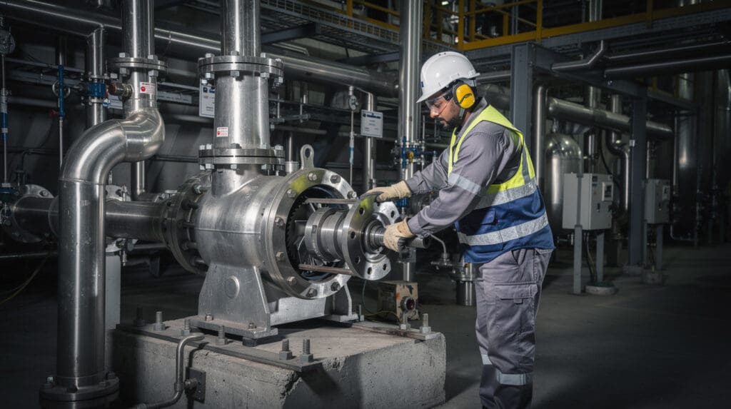 Engineer removing rotating assembly from a stainless steel back pull-out BPO centrifugal pump in a chemical plant