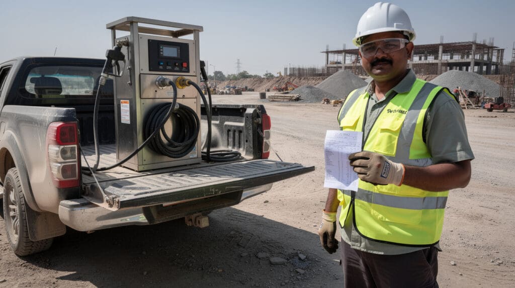 Fleet manager reviewing printed receipt from CE-206 mobile diesel dispenser