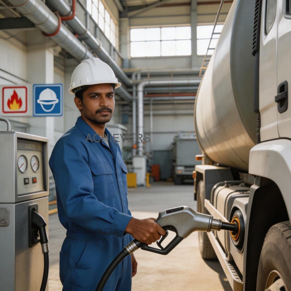 Fuel Dispenser operating at an Indian infrastructure project site, demonstrating proper concrete mounting, safety bollards, and active fleet refuelling