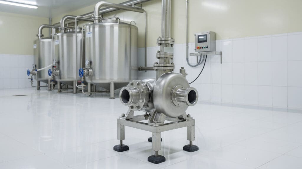 Hygienic stainless steel centrifugal pump installed in a dairy processing facility