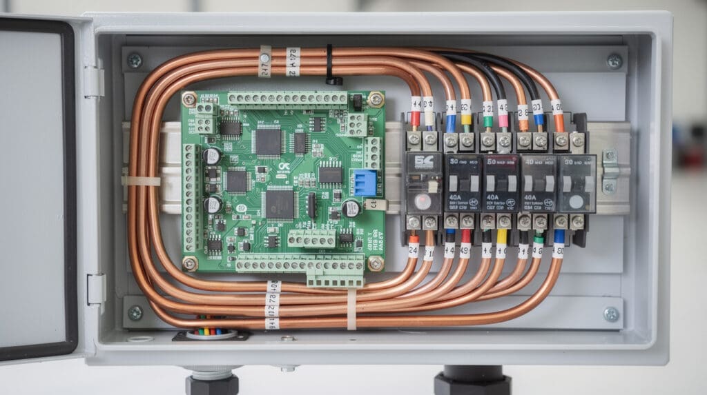 Internal wiring and CPU board of a mobile fuel dispenser showing heavy duty relays