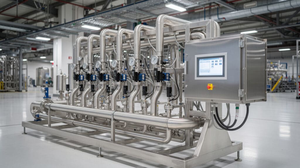 Multi-stream liquid batching skid installed in an industrial plant