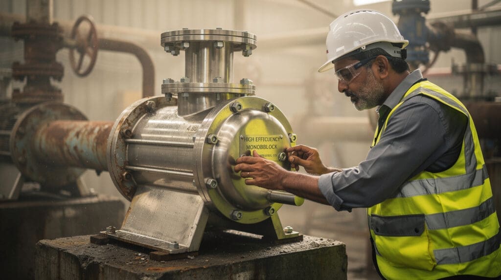 Senior engineer inspecting a stainless steel industrial pump in a factory