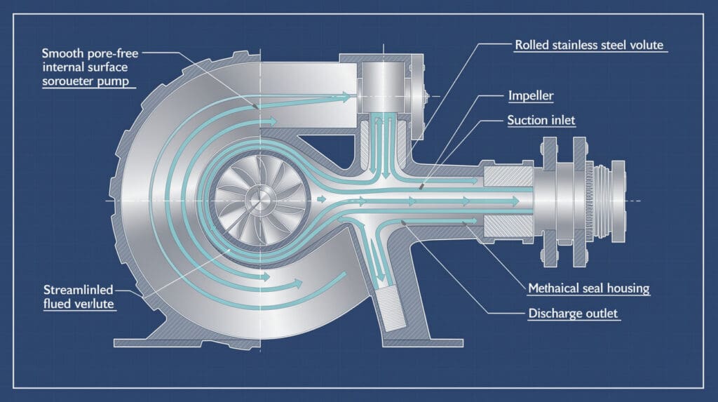 Technical cross-section diagram of an SS monoblock pump highlighting smooth pore-free volute and mechanical seal