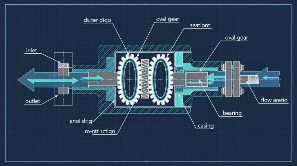 Technical diagram of positive displacement flow meter for diesel dispensers