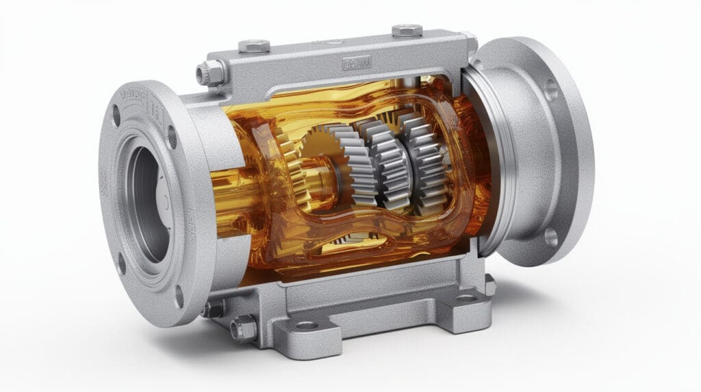 3D cutaway showing the internal oval gears of a positive displacement fuel flow meter