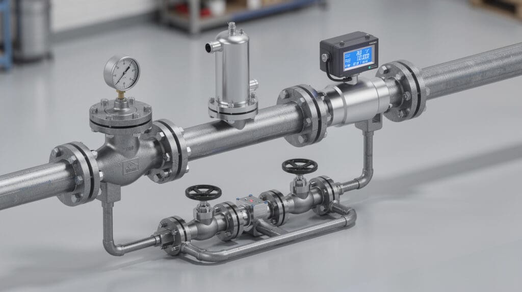 3D isometric piping diagram for oil flow meter installation with bypass manifold and strainer