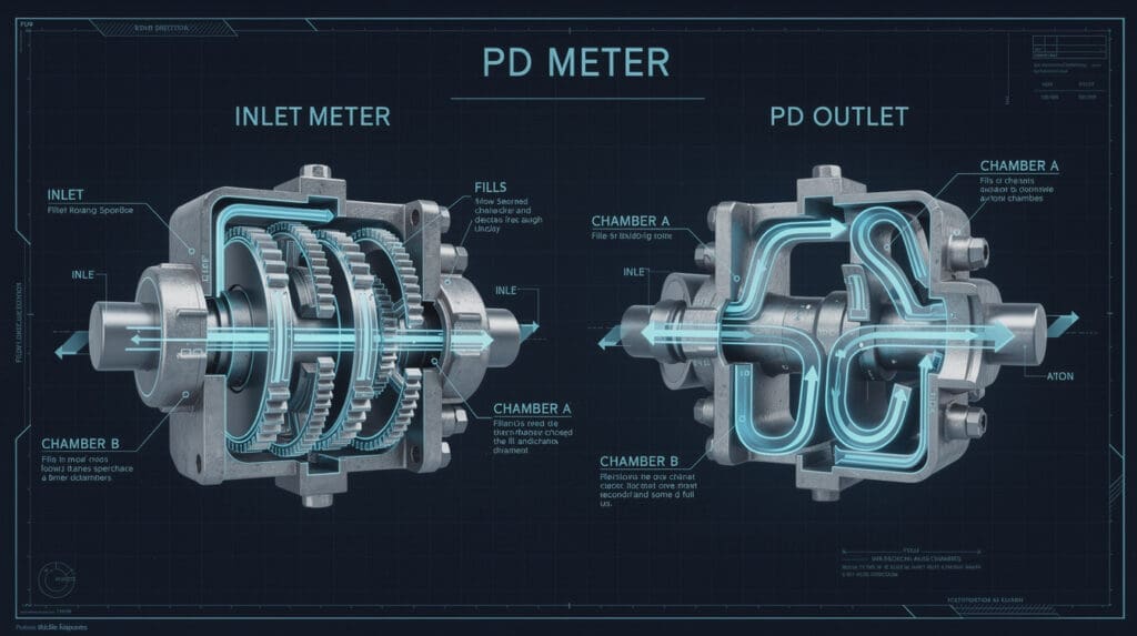 Blueprint diagram of a Positive Displacement meter internal mechanics for mobile fuel dispensers