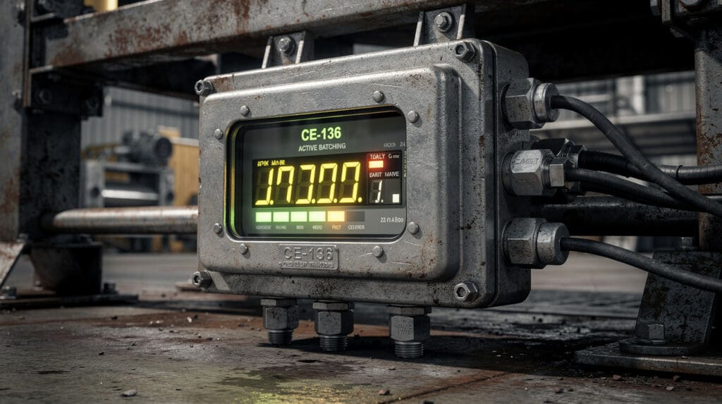 CE-136 Preset Batching System digital display panel in a factory