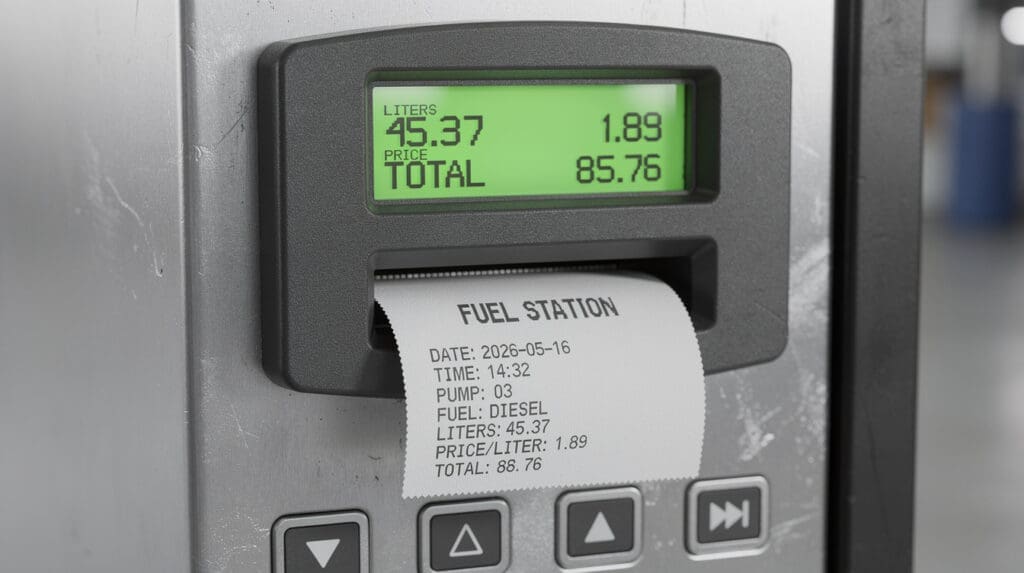 Close-up of a mobile fuel dispenser digital display and printed transaction receipt