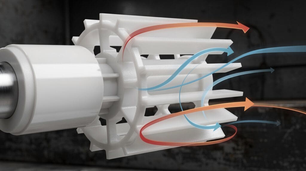 Close-up of a semi-open polypropylene pump impeller demonstrating fluid dynamics and solids handling capabilities.