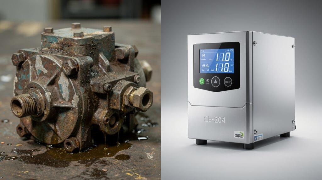 Comparison between corroded mechanical pump and a highly accurate digital positive displacement dispenser