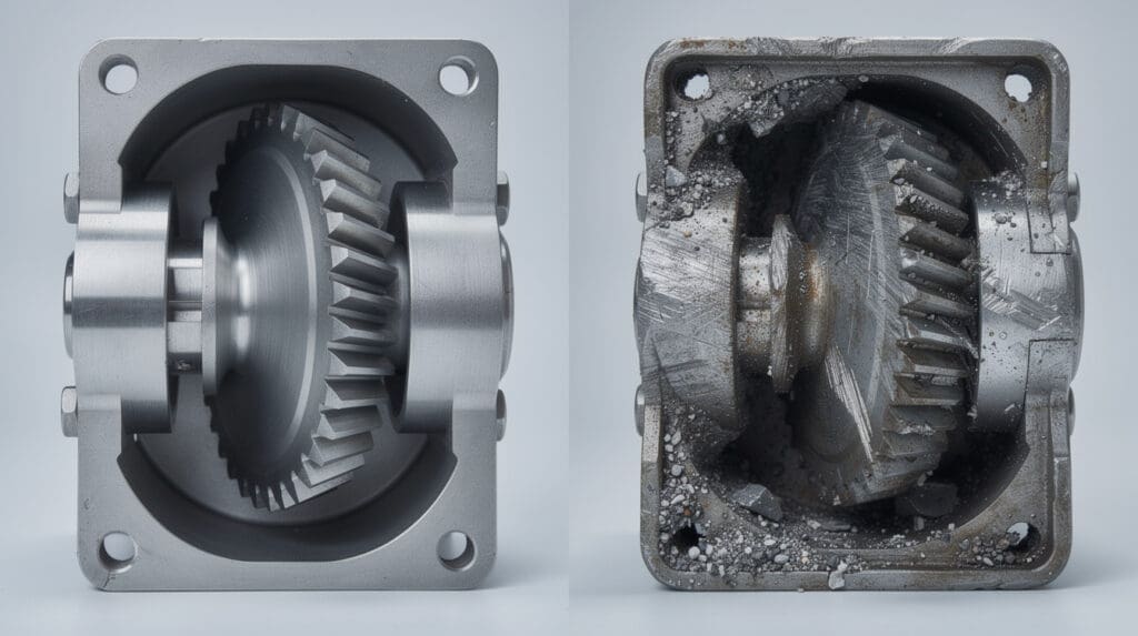 Comparison of a clean positive displacement meter vs one requiring mechanical repair due to scoring