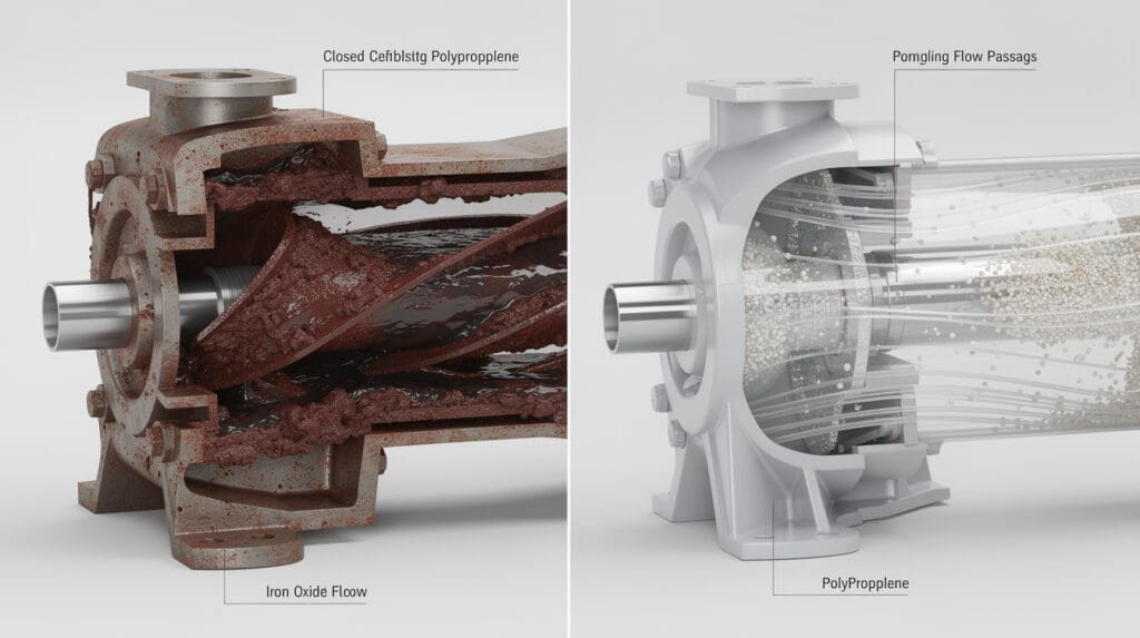 Comparison of closed impeller vs semi-open impeller for handling iron scale in acid pumps