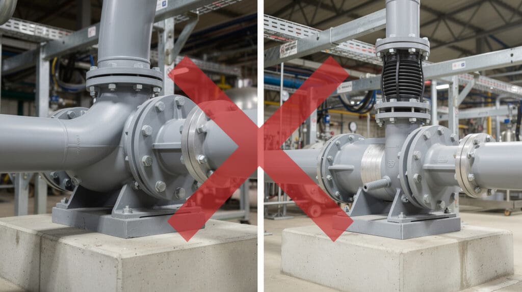 Comparison of incorrect pipe strain installation versus proper aligned piping on a chemical pump