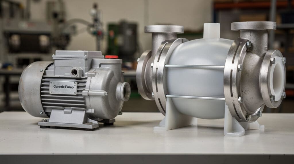 Comparison of standard plastic pump vs externally metal reinforced PP pump for industrial use