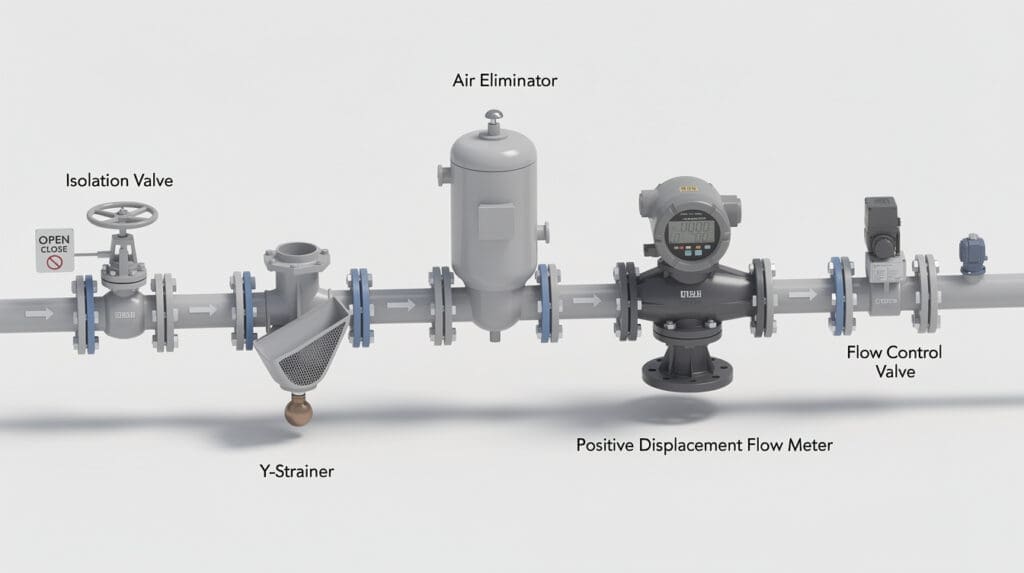 Correct installation diagram for a fuel flow meter showing strainer and air eliminator