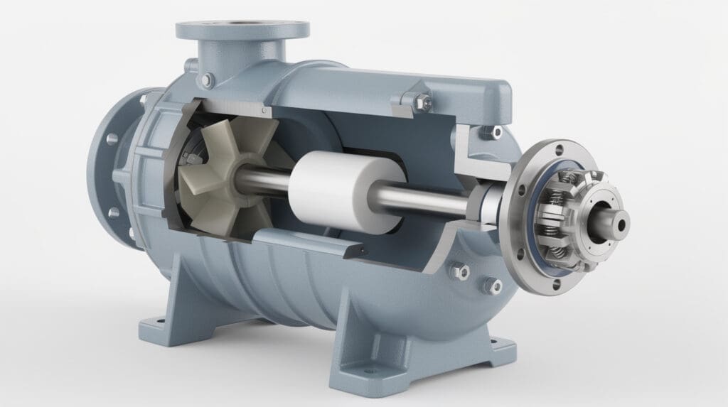 Cutaway diagram of a PP Centrifugal pump showing semi-open impeller and mechanical seal