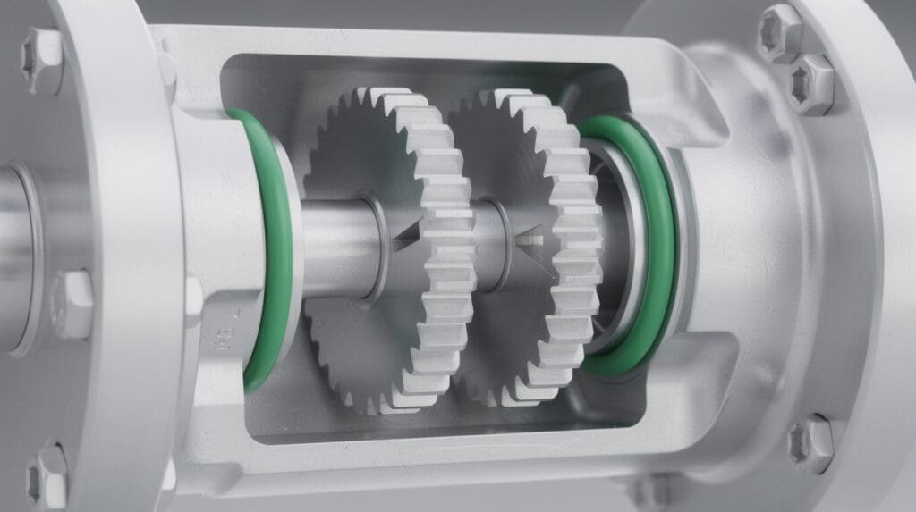 Cutaway view of positive displacement flow meter showing aluminum oval gears and Viton seals