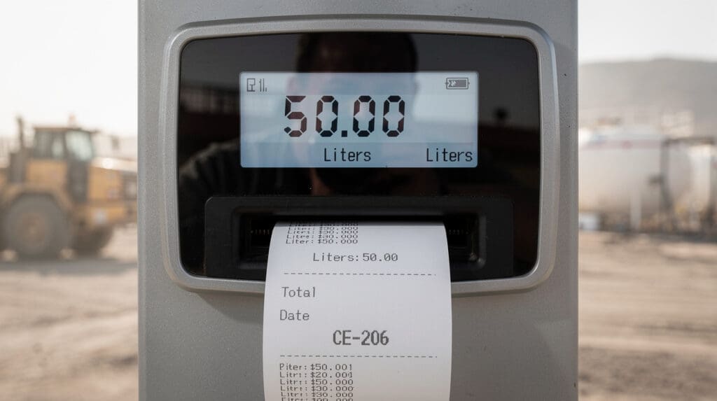 Digital fuel dispenser display with thermal receipt printer showing delivery data