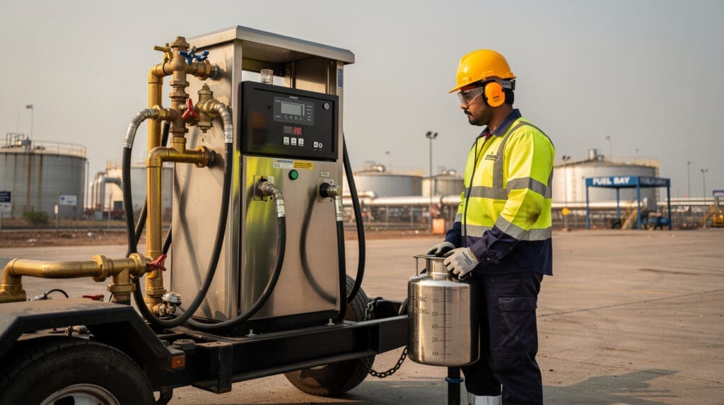 Engineer calibrating mobile fuel dispenser with proving can