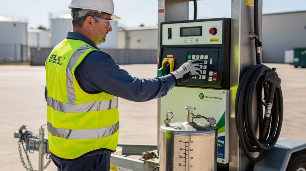 Engineer performing volumetric calibration on a mobile fuel dispenser using a 50-liter proving measure