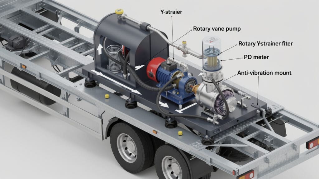 Engineering diagram showing vibration isolation and installation of mobile fuel dispenser skid