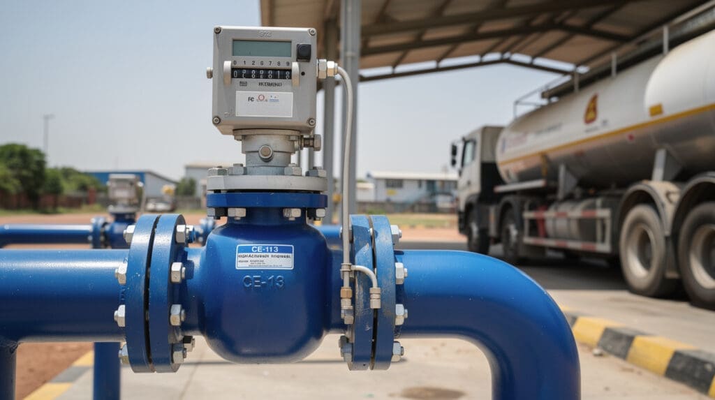 High accuracy diesel flow meter installed at a bulk unloading gantry for industrial fuel management
