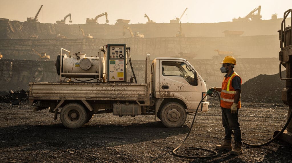 Mobile fuel dispenser mounted on a service truck bed refueling an excavator at a mining site.