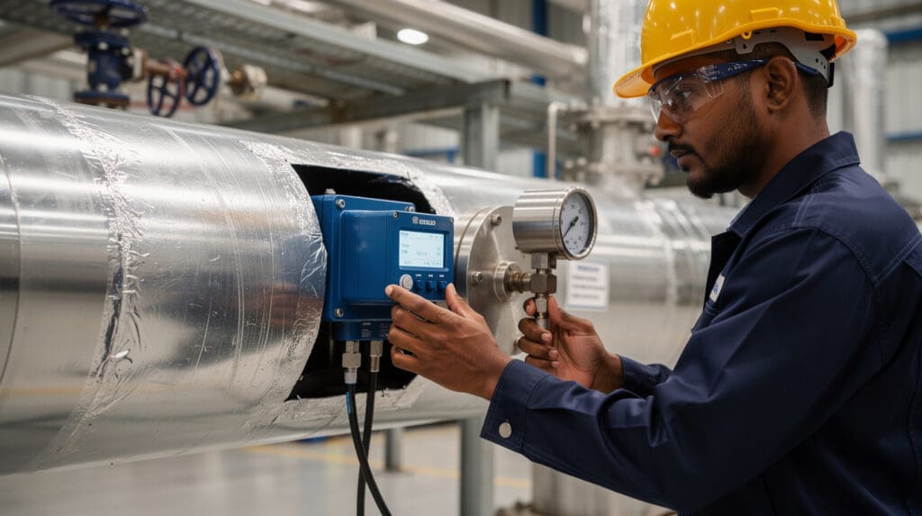 Plant engineer inspecting a digital oil flow meter and strainer on an insulated furnace oil pipeline